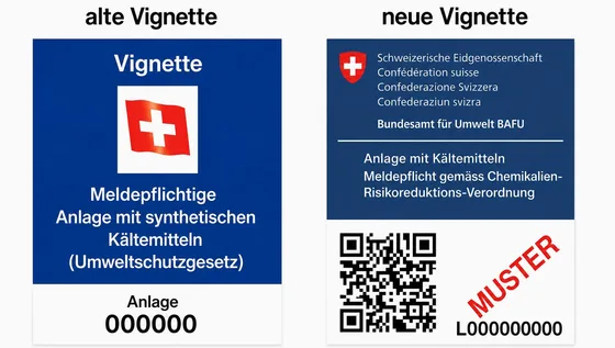 Alte und neue Vignette für meldepflichtige Anlagen mit synthetischen Kältemitteln (BAFU)
